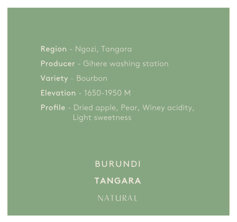 בורונדי, טנגרה | פירות יבשים | מתיקות עדינה | חמיצות קלה | עיבוד נטורל | קליה בהירה